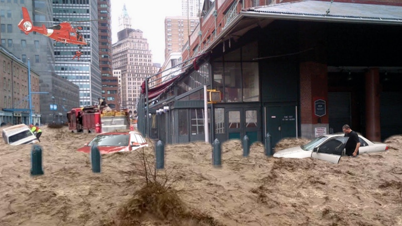 Half of New York City almost sinking flooding in Brooklyn, NYC. All roads become