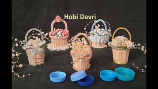 DIY,Making Basket with Plastic Bottles Cap and Matches,Wedding Favors, Mavi Kapaklardan Sepet Yapm