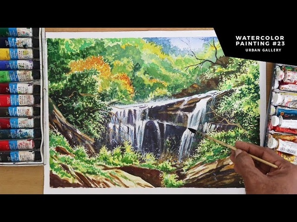 Watercolor painting demonstration of a beautiful waterfall