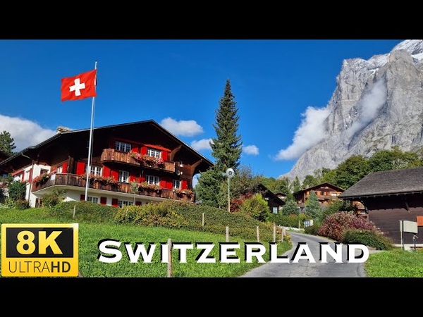 8 K Paradise Grindelwald Village Valley Switzerland, Walk and Aerial Views, 8 K UHD