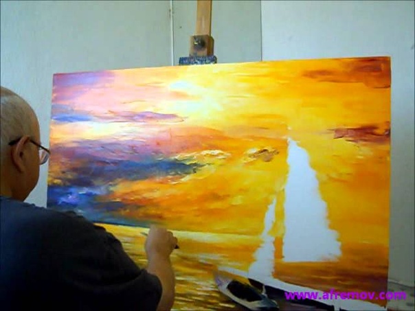 artist Leonid Afremov painting a new painting of seascape with oil and palette