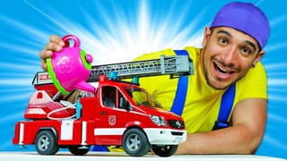Una fuga en el camin de bomberos de juguete. Oh, se da! Vdeos para nios con coches