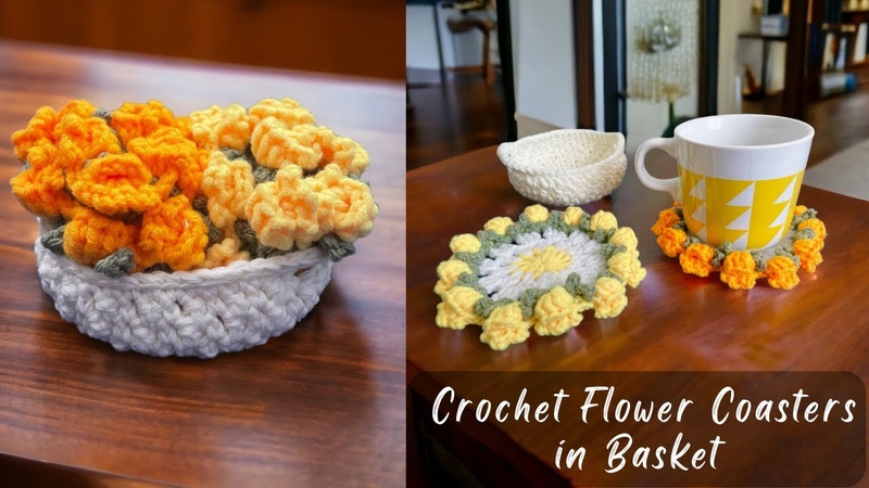 Crochet Flower Coasters in a Basket: A Step by Step