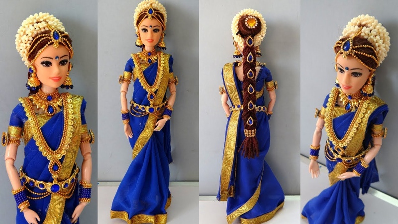 Barbie doll saree making, South indian bridal doll dress and jewellery, Barbie saree