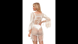 Crochet off shoulder long sleeved beach cover up