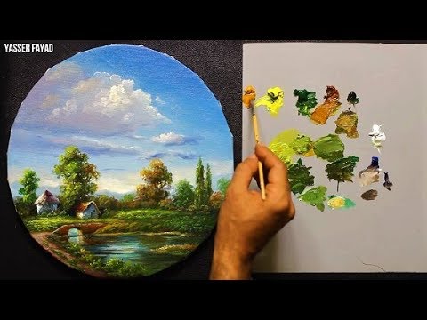 A ROUND OIL PAINTING Landscape BY Yasser